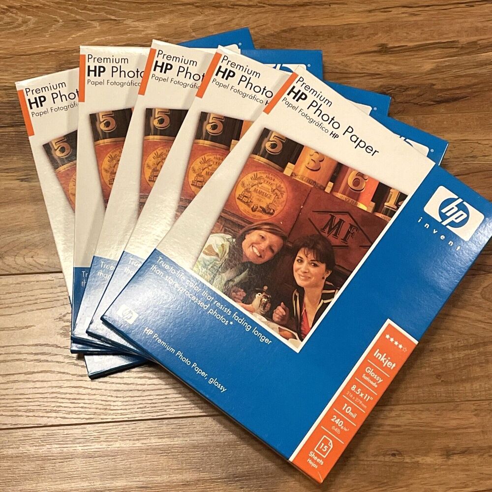 (5) NEW HP Premium Inkjet Photo Paper Glossy 15 Sheets 8.5x11 7.5 mil 75 Sheets